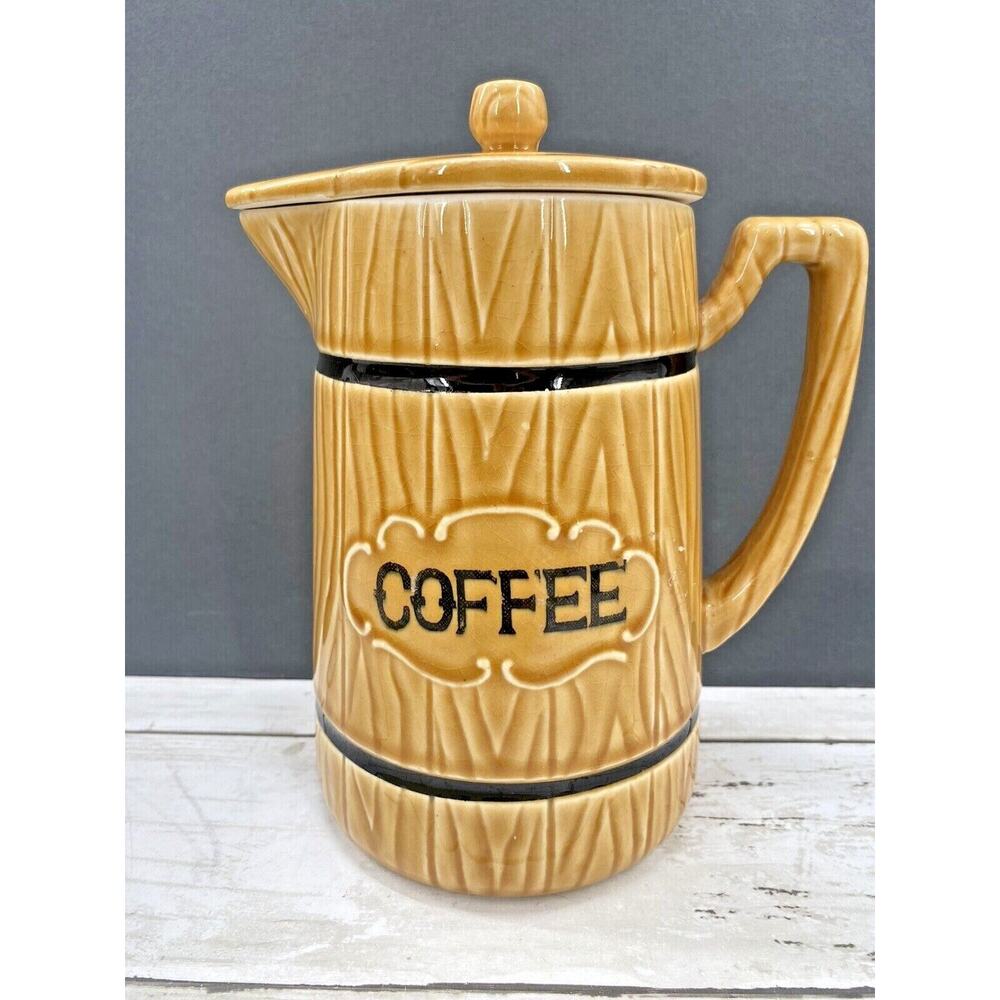 Vintage Royal Sealy Japan Ceramic Coffee Pot with Lid Wood Grain Barrel Look